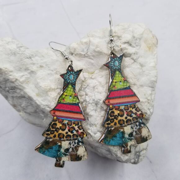 Wooden Mixed Printed Leopard Christmas Tree Earrings - Picture 1 of 2